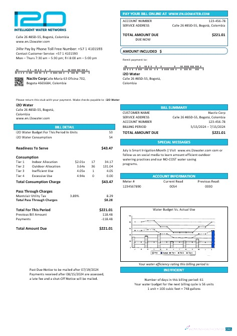 Download Colombia i2O Water business utility bill template in Word and PDF formats Photoshop template